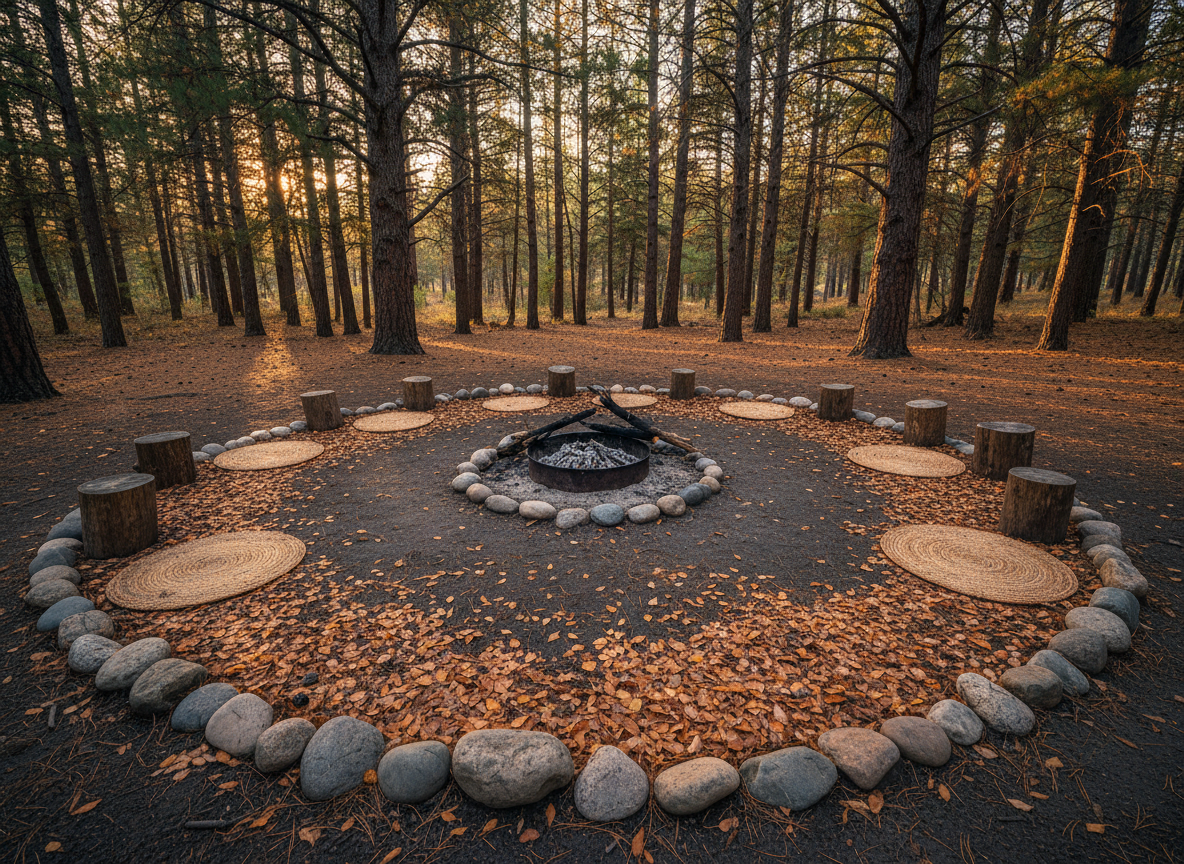 A weathered circular gathering space traced into dark earth, outlined with smooth river stones and scattered with fallen ochre and rust-colored leaves. In the center rests a low, charred fire ring, filled with cool gray ash and a few unburned cedar branches. Around the circle, low wooden stumps and woven reed mats sit empty beneath towering pines, whose rough bark and deep green needles frame the scene. Soft golden hour light filters through the trees, casting elongated shadows and highlighting textures in the soil and bark. Photographed at eye level with a wide angle, sharp detail in the foreground and gentle blur in the background. The mood is contemplative and reverent, with photographic realism and a sophisticated, documentary aesthetic.