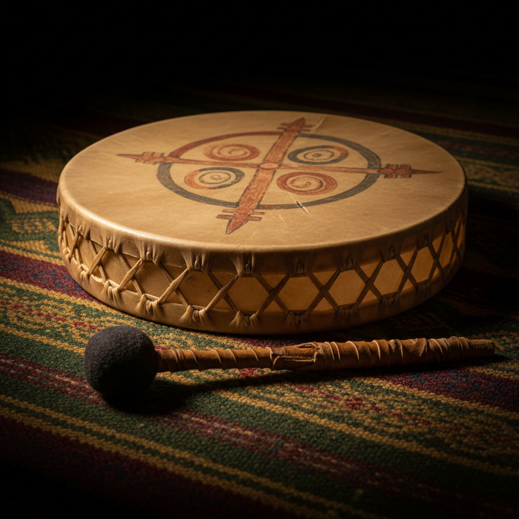 A tanned deerskin drum resting on densely patterned woven wool, the drum’s surface showing subtle scars, natural imperfections, and a hand-painted circular motif in earthy red and charcoal tones. The rawhide lacing along the drum’s edge is taut and textured, forming a geometric web on the side facing away from the viewer. Beside it lies a drumstick wrapped in soft, worn leather with a rounded, dark felt head. Warm, directional side lighting from a low lamp creates dramatic shadows in the lacing and emphasizes the grain of the wool beneath, dyed in muted gold, forest green, and deep burgundy. Photographed in close-up at a three-quarter angle, with soft falloff into darkness at the frame’s edges. The mood is solemn and timeless, in rich photographic realism with a sophisticated, gallery-like feel.