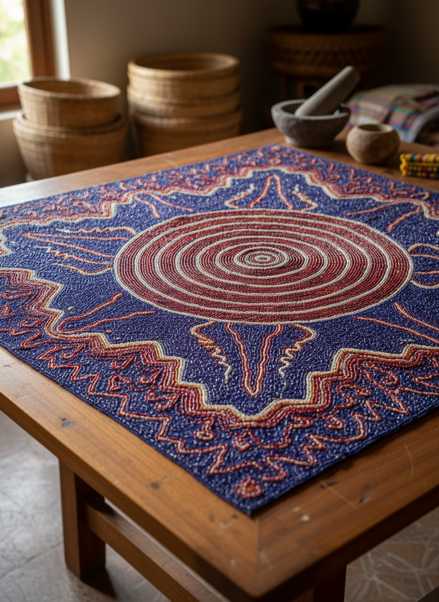 An intricately beaded ceremonial cloth laid flat on a hand-carved wooden table, its fabric a deep indigo with fine red, white, and amber beadwork forming concentric circles and stylized patterns of rivers and mountains. The wooden surface shows visible grain and small knife marks, warm brown with subtle sheen. Diffused afternoon light from an unseen window grazes the beads, creating tiny highlights and delicate shadows between each stitch. A blurred backdrop of natural fibers, woven baskets, and a stone mortar suggests a lived-in cultural space. Captured from a slightly elevated angle with a shallow depth of field, the central beadwork in crisp focus. The atmosphere is intimate and archival, emphasizing photographic realism and a refined, museum-quality documentation style.