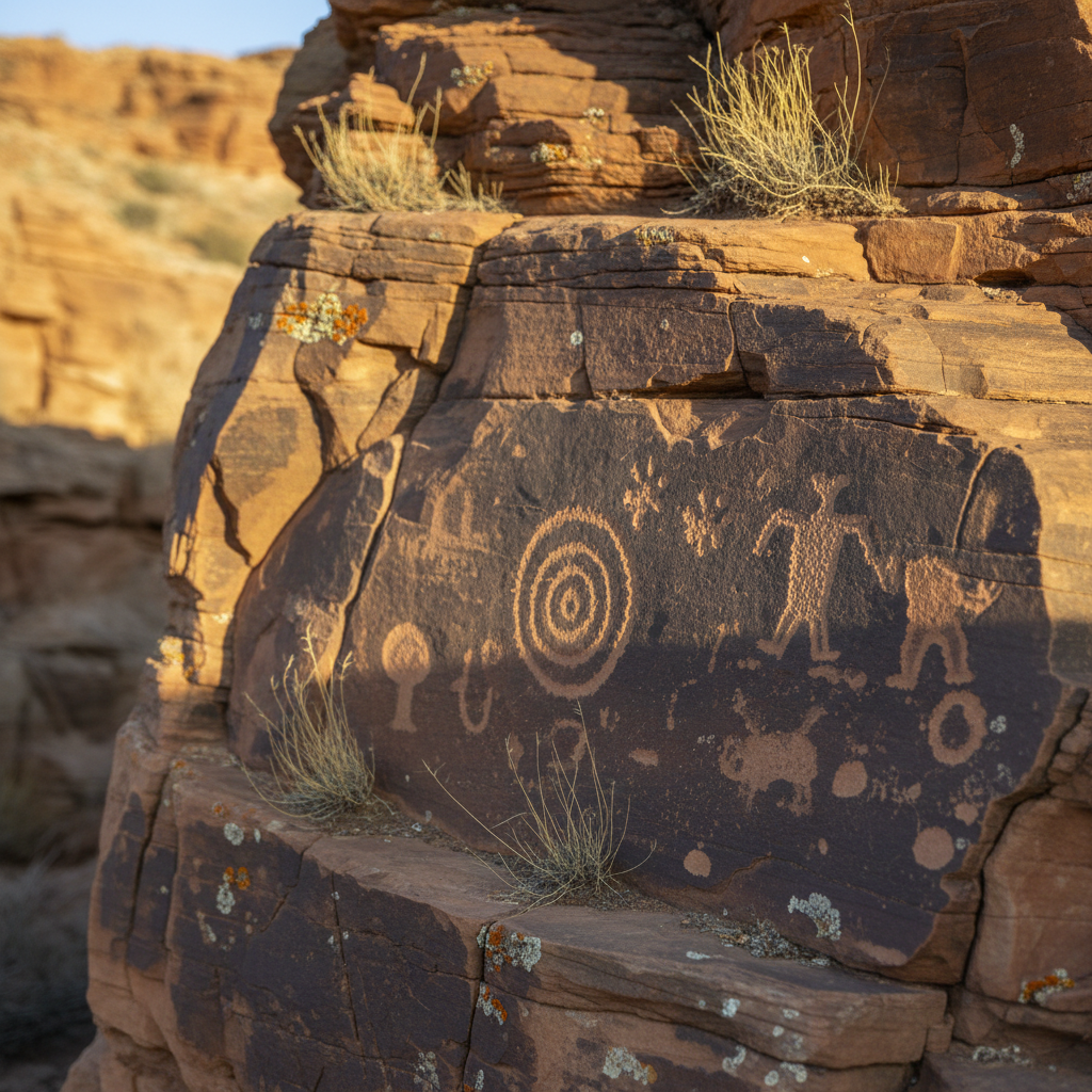 A weathered cliff face etched with ancient petroglyphs, the stone a layered palette of sandstone oranges, smoky grays, and deep browns. The carved symbols—spirals, animal tracks, and abstract figures—are worn but clearly legible, catching flecks of dust in their grooves. Sparse tufts of dry grass and small lichen patches cling to nearby rock ledges. Late afternoon sun grazes the surface at a low angle, casting fine, elongated shadows inside the carvings and revealing the rock’s rough, stratified texture. Shot at eye level with a medium focal length, the composition follows the rule of thirds, petroglyphs dominant while the surrounding canyon wall recedes into a softly blurred backdrop. The atmosphere is reverent and archival, rendered in precise photographic realism with a restrained, sophisticated tone.